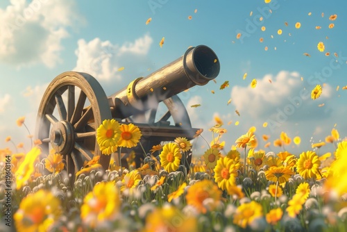 Yellow Flowers firing out of a cannon . Think outside the box concept . Different approach and mindset . Launch startup concept