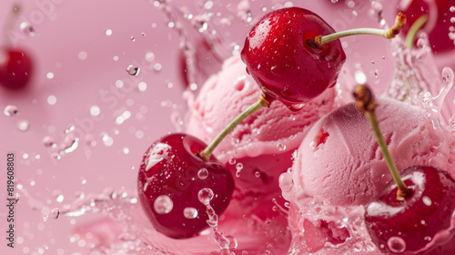 Cherries jubilee ice cream on a monochromatic cherry red background with water droplets splashing around