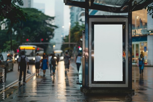 Blank vertical advertising poster banner mockup at bus stop shelter by main road, at city centre; out-of-home OOH billboard media display space. Out-of-focus people at orchard road