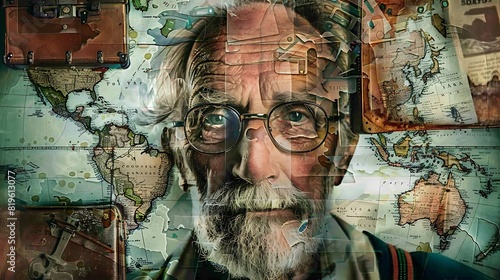 The aged face of a seasoned explorer superimposed with images of passports, maps, and vintage suitcases, evoking a sense of wanderlust and nostalgia