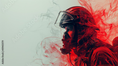 Firefighter in protective gear and breathing mask with red smoke around , mixed media banner career job graphic.