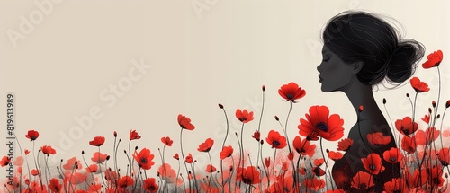 Silhouette of a woman standing among vibrant red poppies, blending beautifully into the floral background, symbolizing natural beauty and tranquility.