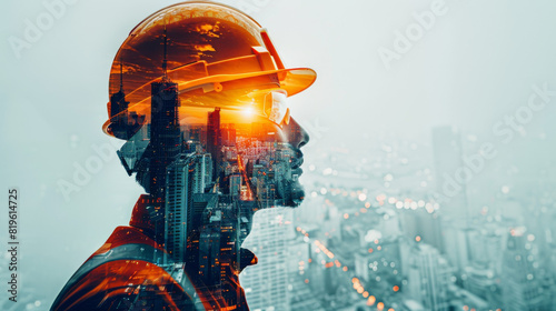 a construction worker wearing a hard hat and safety glasses , mixed media banner career job graphic.
