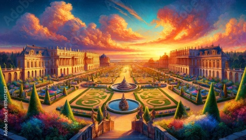 Palace of Versailles at sunset, the grand architecture is beautifully depicted with lush greenery, flower beds and elegant fountains