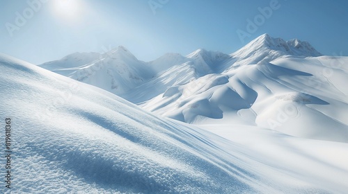 A snow-covered mountain range under a clear blue sky, with sunlight glinting off the pristine white slopes in a winter wonderland scene. 32k, full ultra HD, high resolution