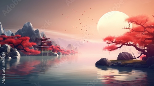 Stunning sunset over a serene Japanese landscape with cherry blossoms, mountains, and a tranquil lake. Perfect for serene and peaceful themed images.