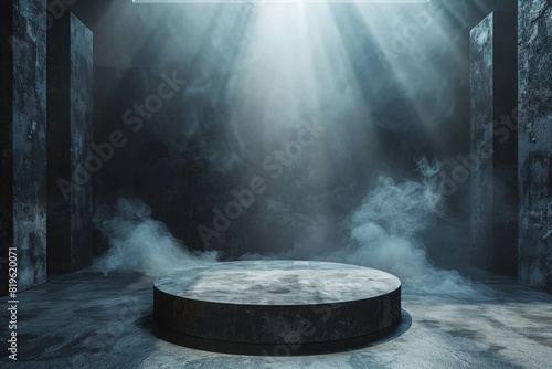 Front view dark Smokey garage interior with spotlight and round pedestal on concrete floor, product presentation background and empty stage concept. 3D Rendering, mockup