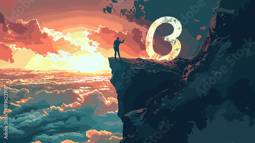 Happy Man Pushing Number Three Off Cliff into Abyss, Welcoming New Year 2024 with Hope for Success and Prosperity