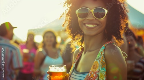 scene where a young woman is delighting in the refreshing taste of cold beer while immersed in the vibrant atmosphere of a summer music festival. 