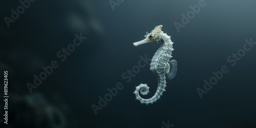 the seahorse swimming underwater, clear ocean water seabed, copy space for text