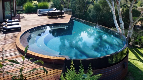 Above Ground Pool surrounded by Decking in a Serene Blue Backyard Setting