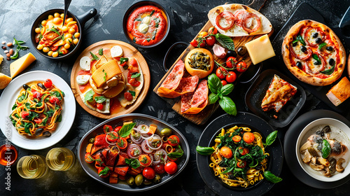 Variety of Italian dishes including pasta, pizza, and antipasto on a dark background