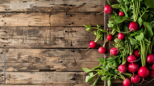 Envision a delightful display of fresh radishes piled high on a rustic wooden background, their lush green tops and leaves adding a touch of vibrant color to the scene. 