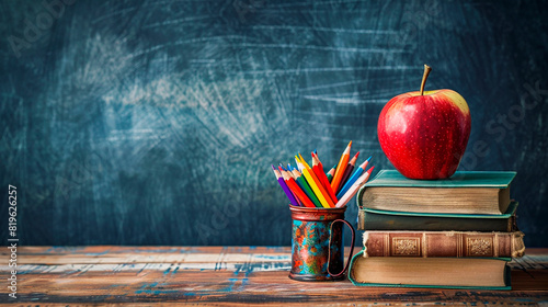 Apple on stacked books with colorful pencils in a holder on a wooden desk, symbolizing education and learning with copy space