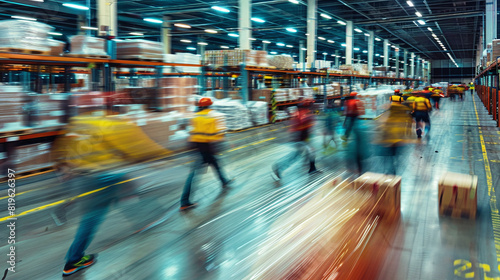 Motion blur of logistics employees working in an international warehouse. Ai generate.