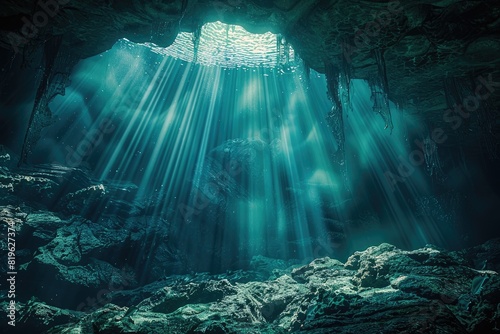A deep blue cave with sunlight shining through the cracks. The light is creating a peaceful and serene atmosphere