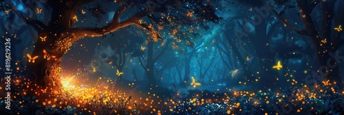 Nature Background Night. Abstract Firefly Flying in Enchanting Forest at Night