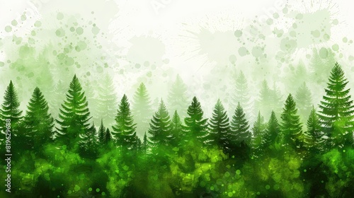 A forest of green trees with a misty, hazy atmosphere