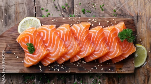 Salmon sashimi on wood background. Generative AI