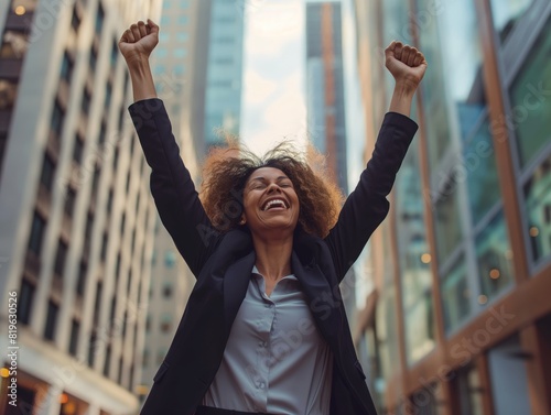 A joyful businesswoman with raised arms celebrates success in a bustling cityscape, symbolizing achievement and happiness.