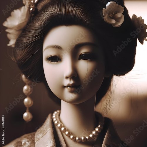 Eine antike asiatische Porzellanpuppe, das Gesicht im Detail gezeigt. Die Puppe hat fein gearbeitete Haare, trägt eine Halskette mit Perlen und ein traditionelles asiatisches Kleid.In Sepia