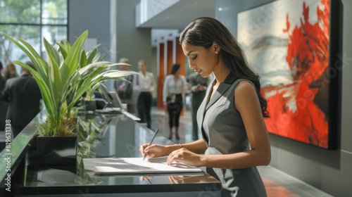A woman signing a document at a modern reception desk, with people and artwork in the background, embodies a professional concept. Generative AI