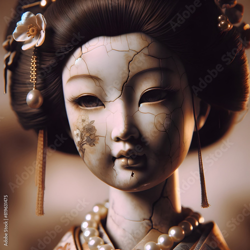 Eine antike asiatische Porzellanpuppe, das Gesicht im Detail gezeigt. Die Puppe hat fein gearbeitete Haare, trägt eine Halskette mit Perlen und ein traditionelles asiatisches Kleid.In Sepia