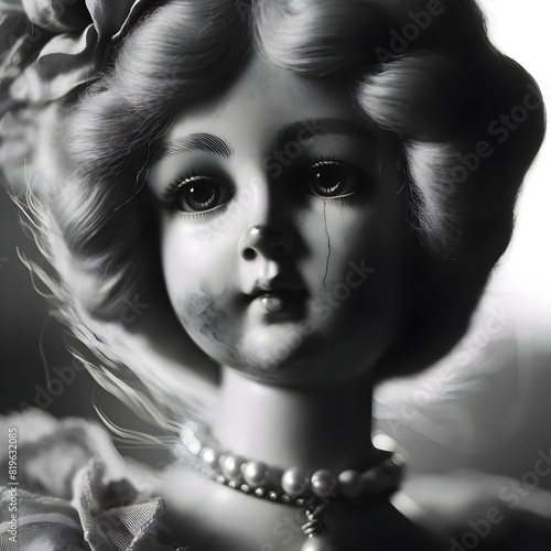 Elegante Schwarz-Weiß-Illustration einer antiken Porzellanpuppe, das Gesicht im Detail gezeigt. Die Puppe hat fein gelocktes Haar, trägt eine Halskette mit Perlen und ein viktorianisches Kleid. 