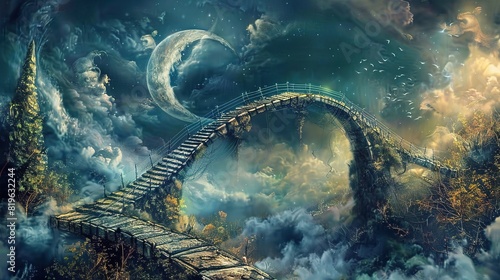 Bridge to another world, A journey into the unknown. Abstract and symbolic elements representing spiritual experiences.