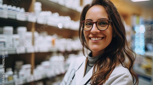 Friendly female pharmacist in a well-stocked pharmacy. Approachable healthcare professional ready to assist you. 