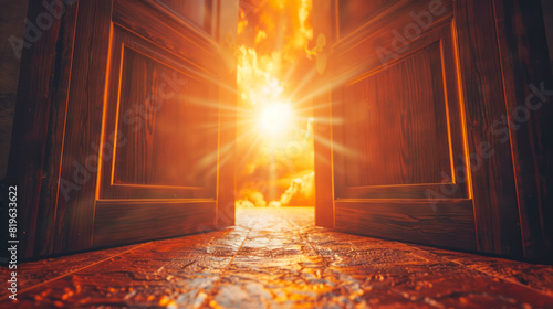 An open doorway with intense sunlight streaming in, on a textured background, showcasing the concept of discovery or a new beginning. Generative AI