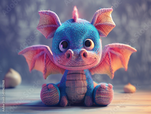 A small and squishy dragon plush toy is sitting on a blurred background. The dragon has a cute and playful expression on its face.