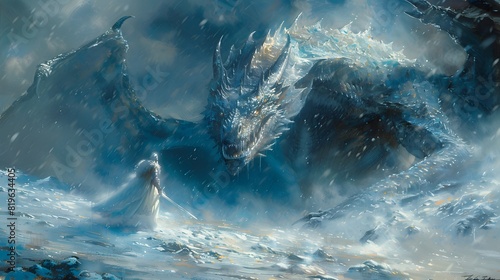 The knight’s silhouette against the dragon’s fiery breath created a stunning contrast in the snowy oil painting.