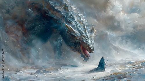 The knight and dragon’s breath fogged the cold air, creating an intense and striking scene in the painting.