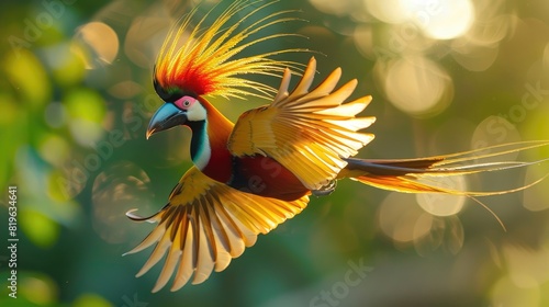 A bird with a long tail and a long beak flying in the air. The bird is yellow and red