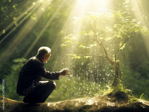 A man crouching by a glowing tree in a sunlit forest, embodying a concept of wonder and nature. Generative AI