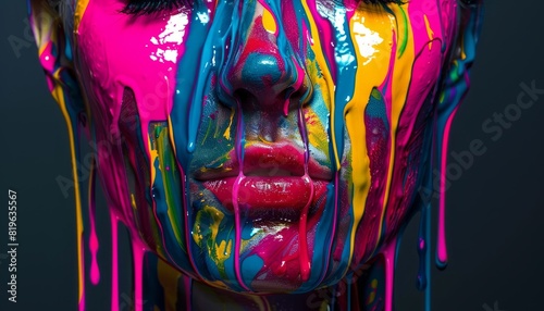 A creative 3D rendering of colorful paint dripping from a face, adding a vibrant and artistic touch to visual projects