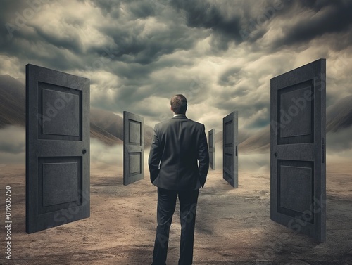 A businessman stands before several doors in a desolate, stormy landscape, symbolizing choices and uncertainty.