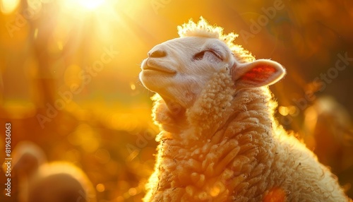 An image of a cute sheep laughing loudly outdoors, adding a humorous and joyful element to any project