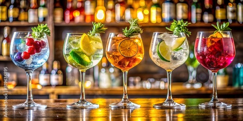 Five colorful gin tonic cocktails in wine glasses on bar counter on stone table