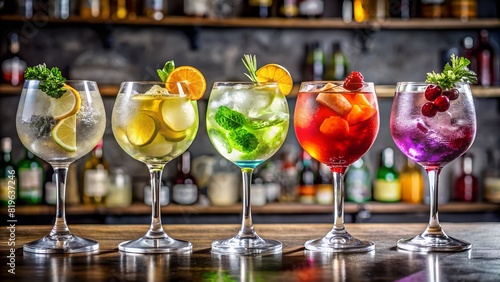 Three colorful gin tonic cocktails in wine glasses on bar counter on stone table