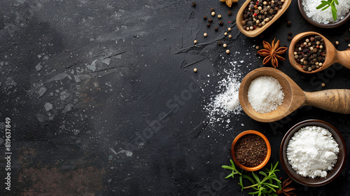 assorted spices and salt on dark background. Various spices in wooden spoons and bowls on a textured dark background, featuring peppercorns, salt, and herbs..