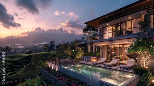 Luxurious TwoStory Mansion Overlooking Tranquil Rice Terraces at Twilight
