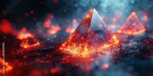 Red and black triangle shape contrasts against dark backdrop