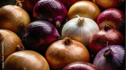 A variety of onions, such as traditional brown/yellow onions, white onions, and reddish-purple onions. Some of the onions have their skins slightly pulled off to reveal their layers.