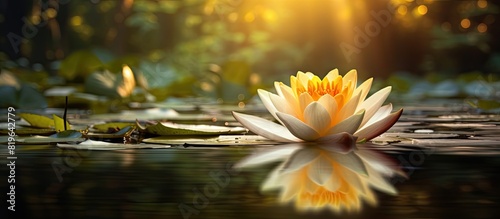 Water Lily illuminated by sunlight with a serene background and copy space image
