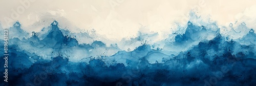 A painting featuring blue and white waves on a white wall