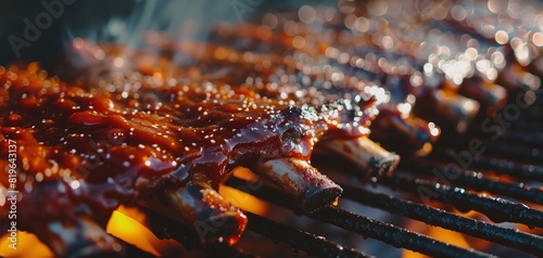 An enticing close-up of perfectly charred BBQ ribs glistening with caramelized sauce as they slowly cook in a smoker