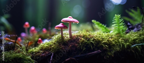 A Russula mushroom with a vibrant purple cap thrives amidst lush green moss creating a picturesque scene ready for a copy space image