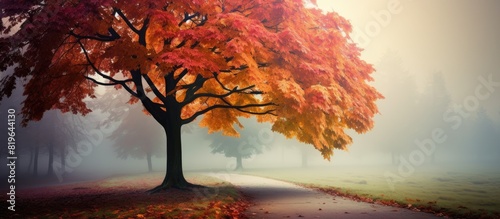 Autumnal tree with colorful leaves lining a dusty pathway a serene scene for a peaceful stroll with a designated area for text or graphics in the picture. Copy space image
